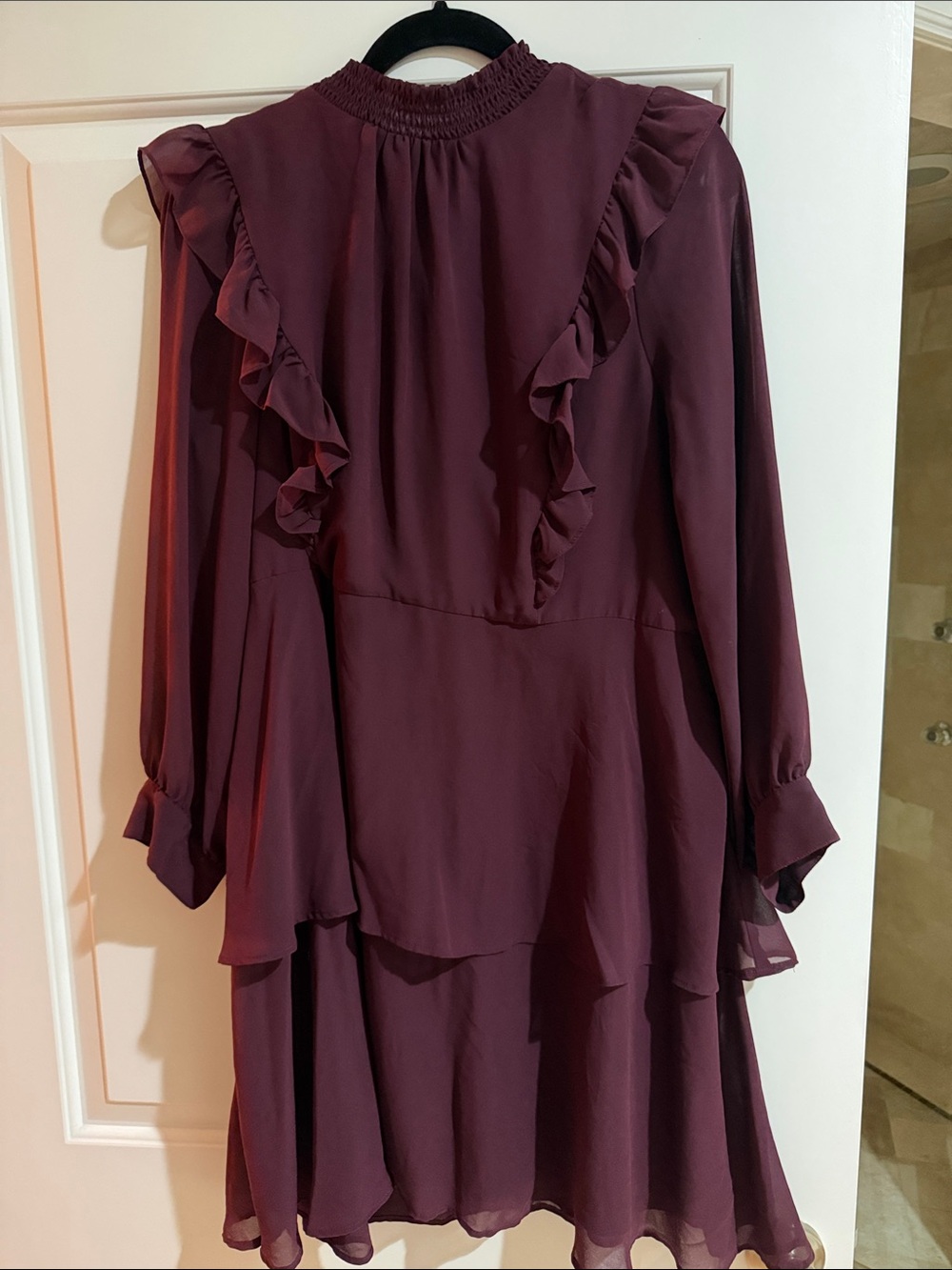 Express Women's Ruffle-Detail Long Sleeve Dress in Burgundy